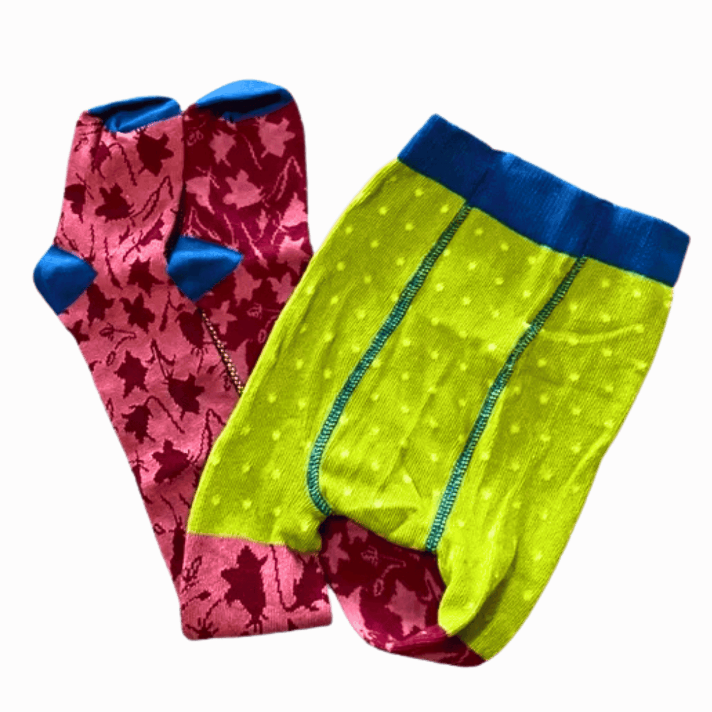 Two pairs of socks, one pink with blue accents and one green with blue accents, on a beige background.