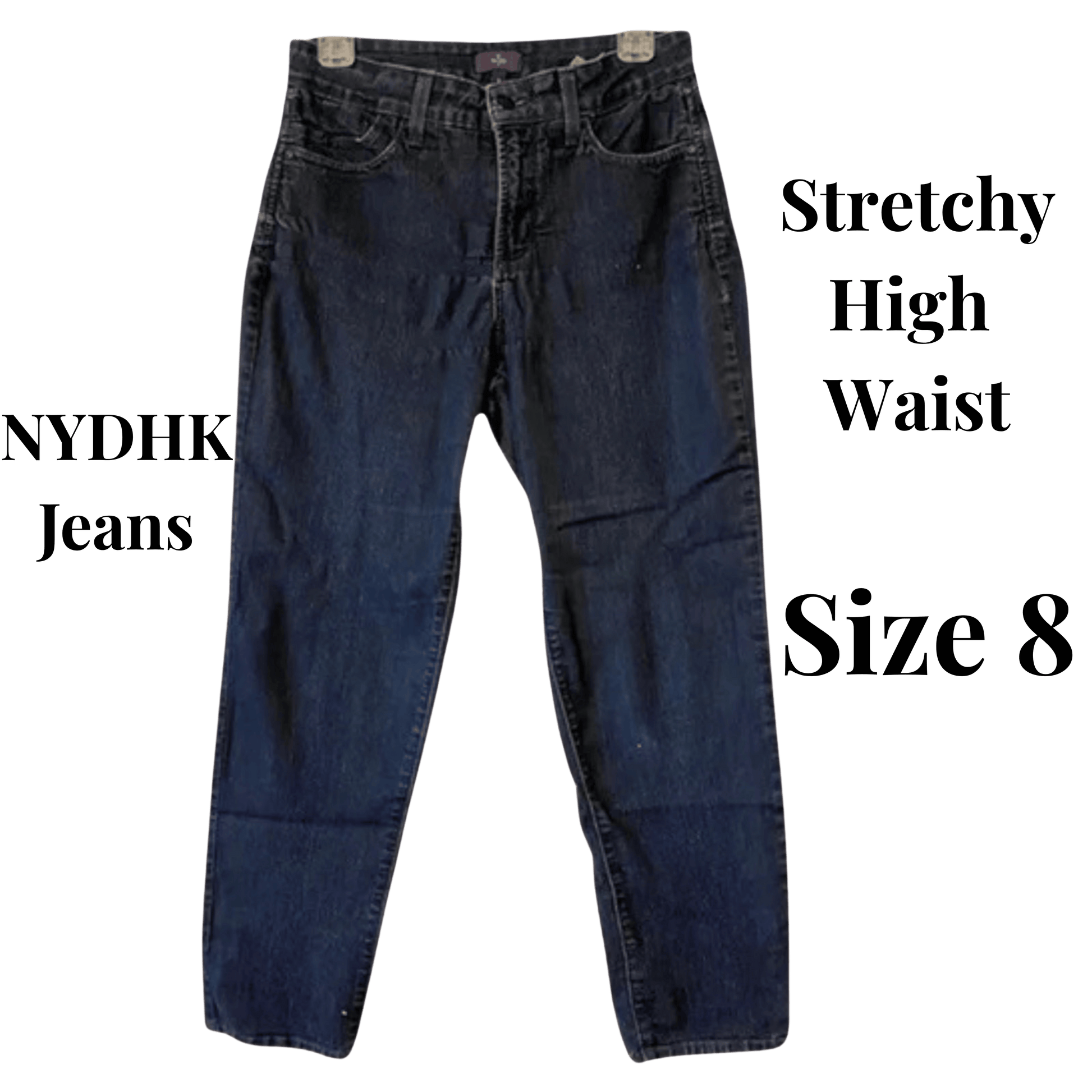 Blue jeans with text indicating 'Stretchy High Waist Size 8' and brand name on a transparent background