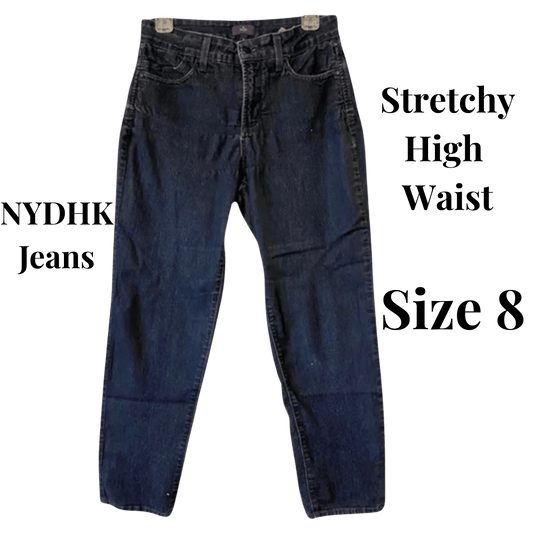 Blue jeans with text indicating 'Stretchy High Waist Size 8' and brand name on a transparent background