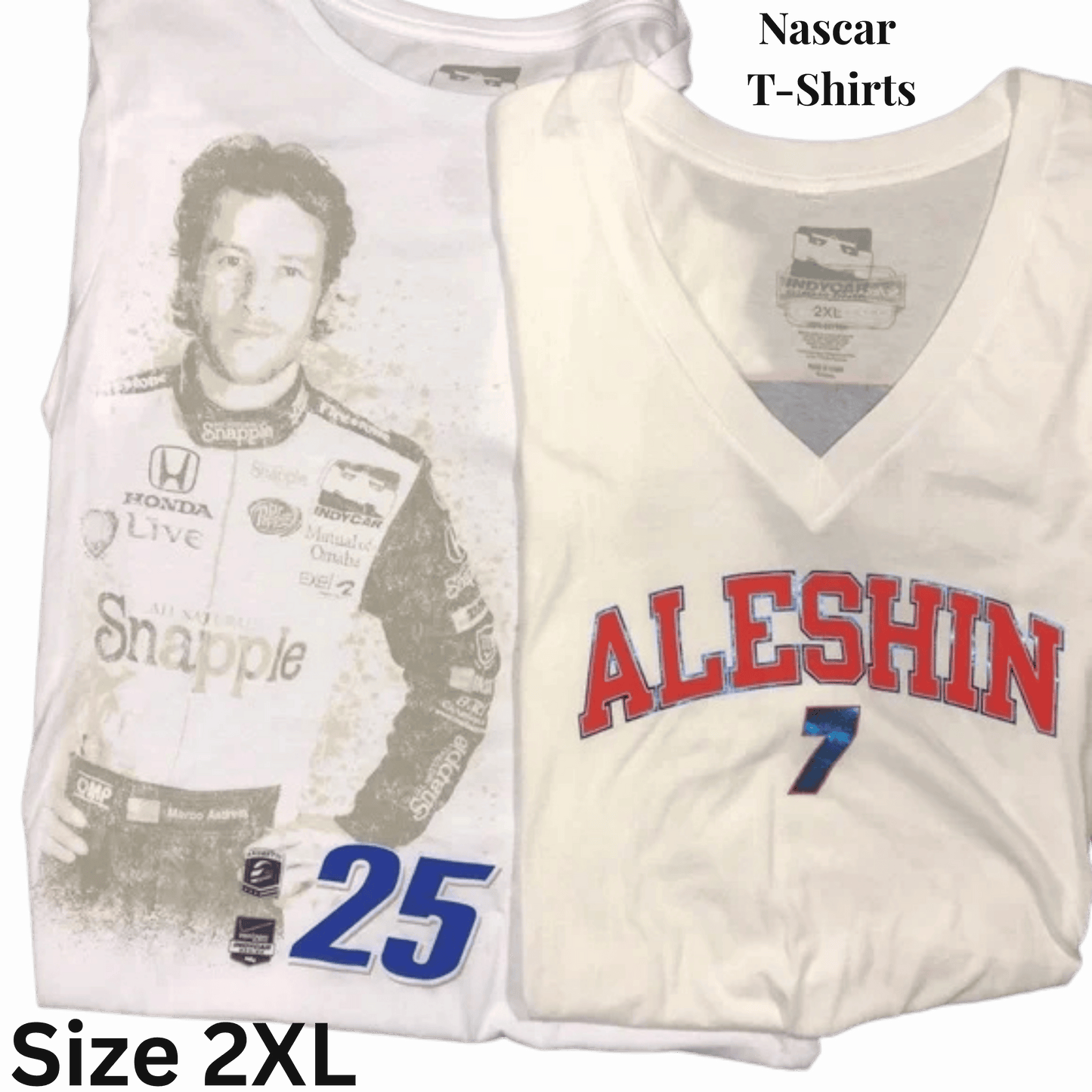 Two white t-shirts with racing-themed graphics and text, one featuring a driver and the other 'ALESHIN' with number 7.
