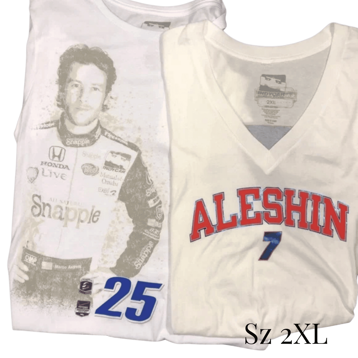 Two white sports jerseys with different designs and text.