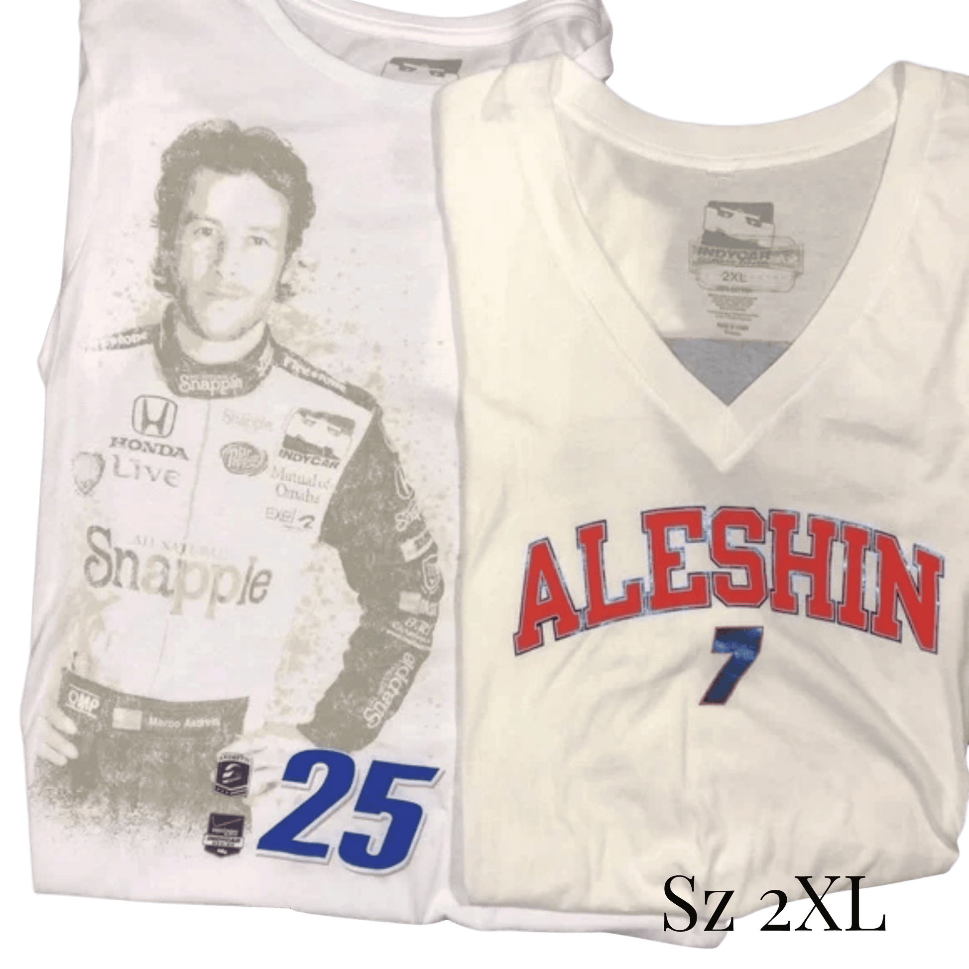 Two white sports jerseys with different designs and text.