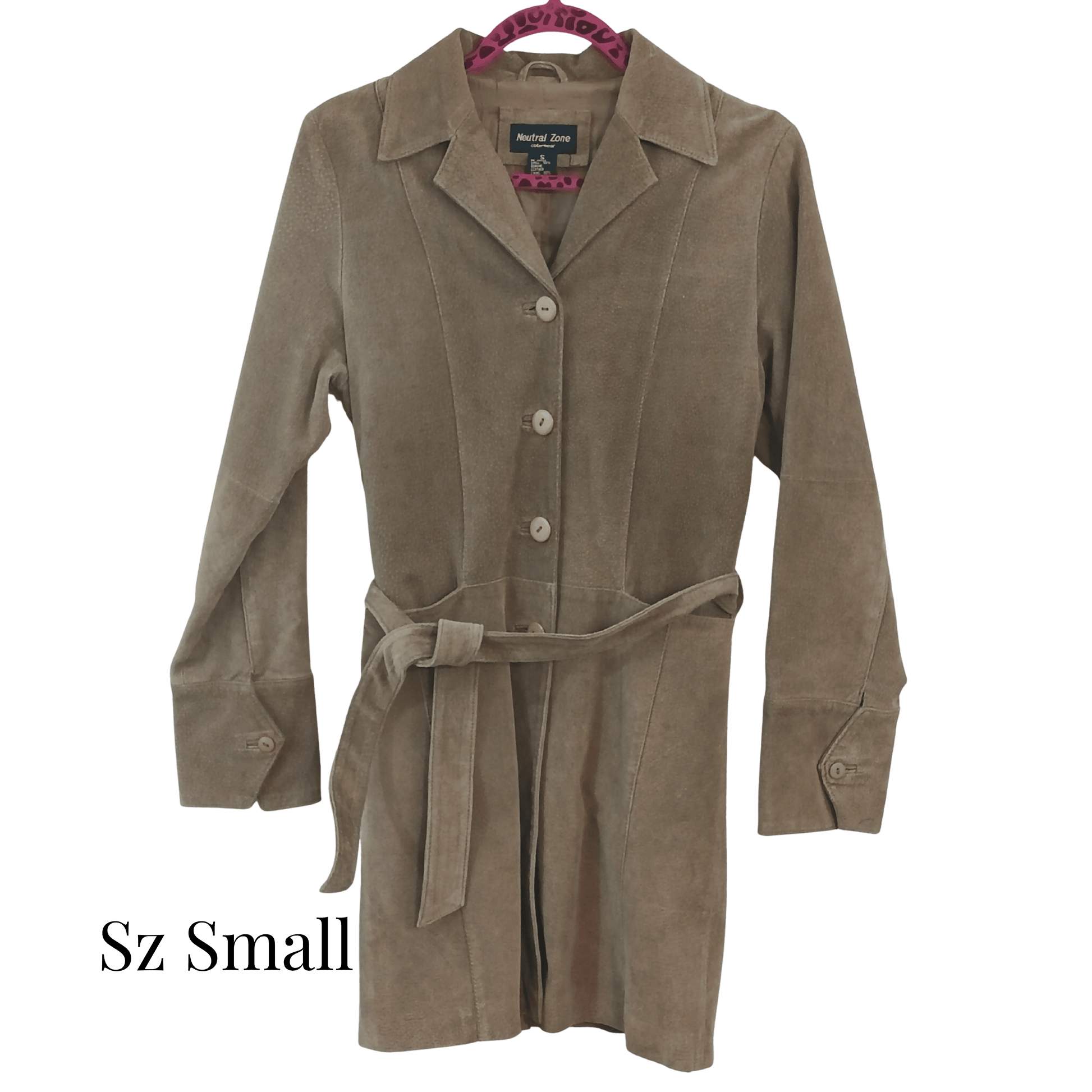 Brown suede coat on a hanger with 'Sz Small' label
