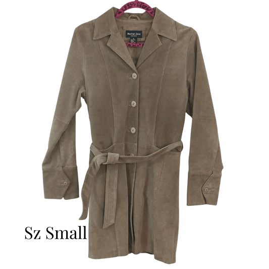 Brown suede coat on a hanger with 'Sz Small' label
