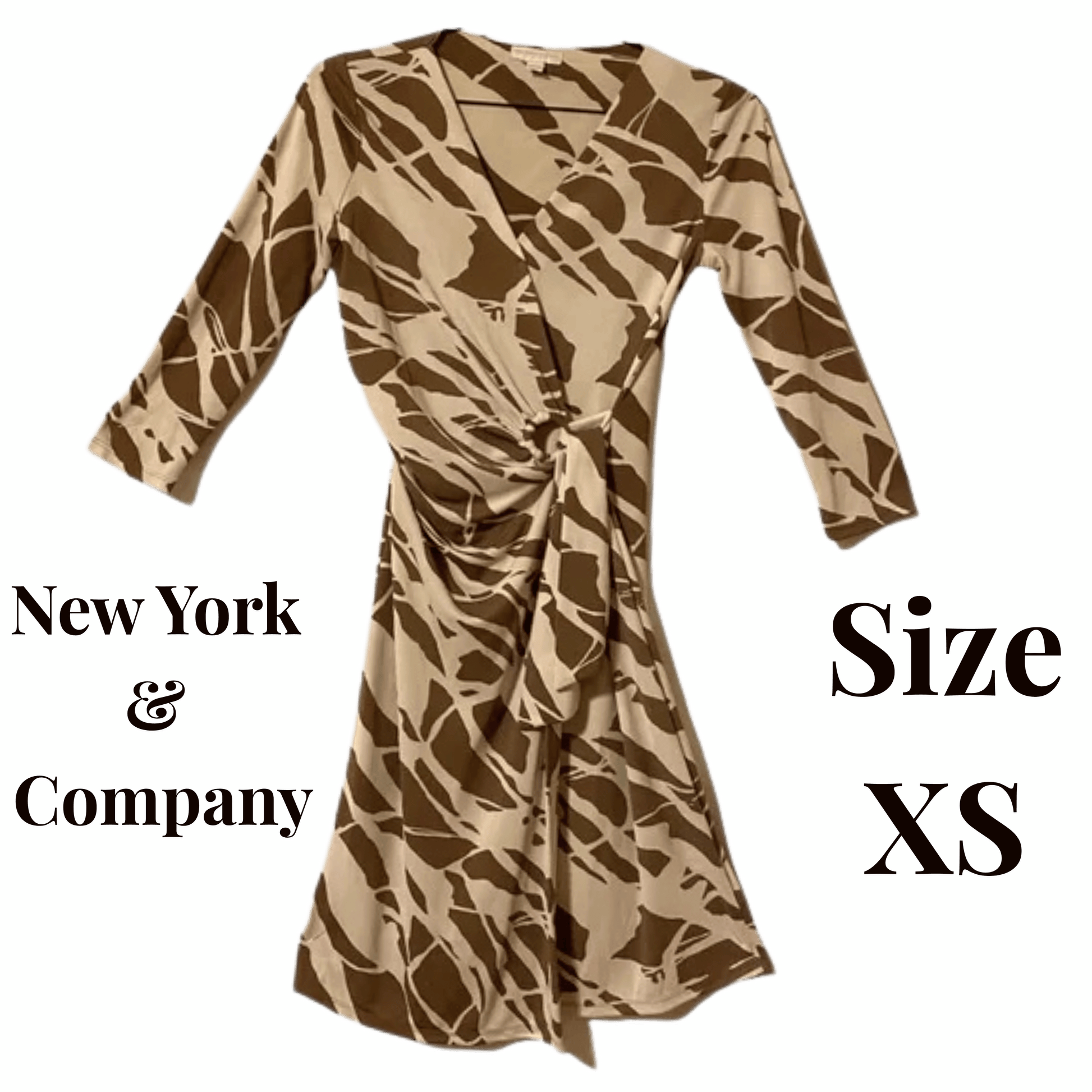 Brown patterned dress on a green background with 'New York & Company' branding and size 'XS' text.