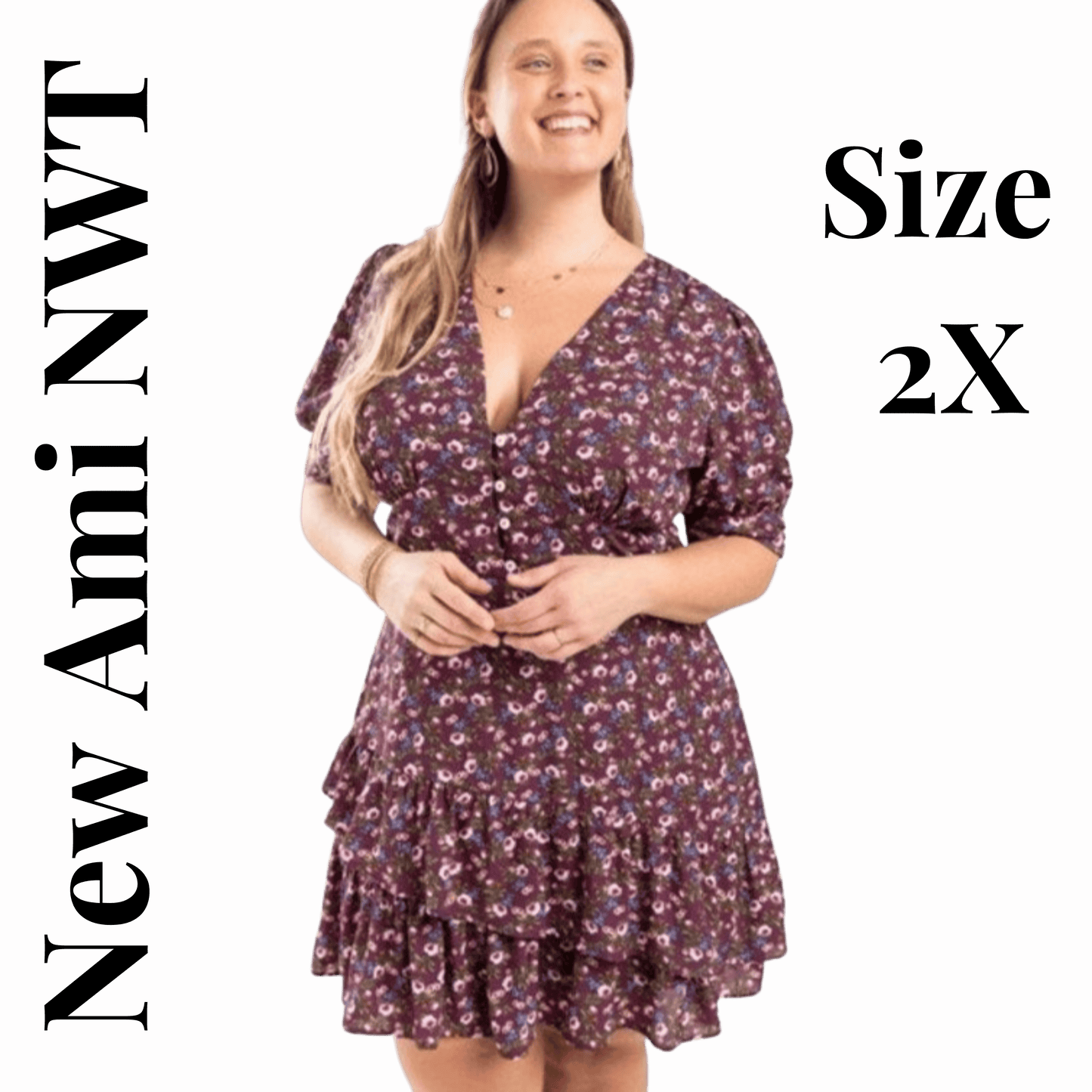 Woman wearing a floral dress with text indicating 'New Ami NWT' and 'Size 2X' on a red background.