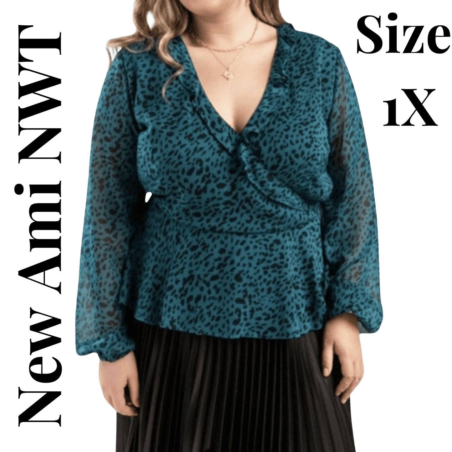 Teal leopard print blouse with a knot detail worn by a model on a transparent background.