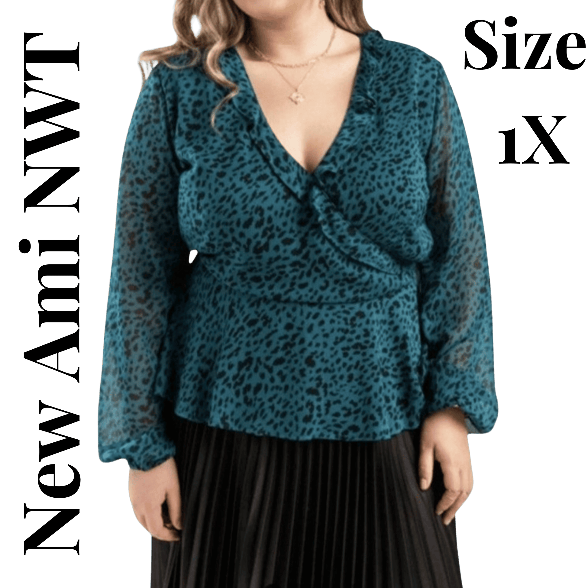 Teal leopard print blouse with a knot detail worn by a model on a transparent background.