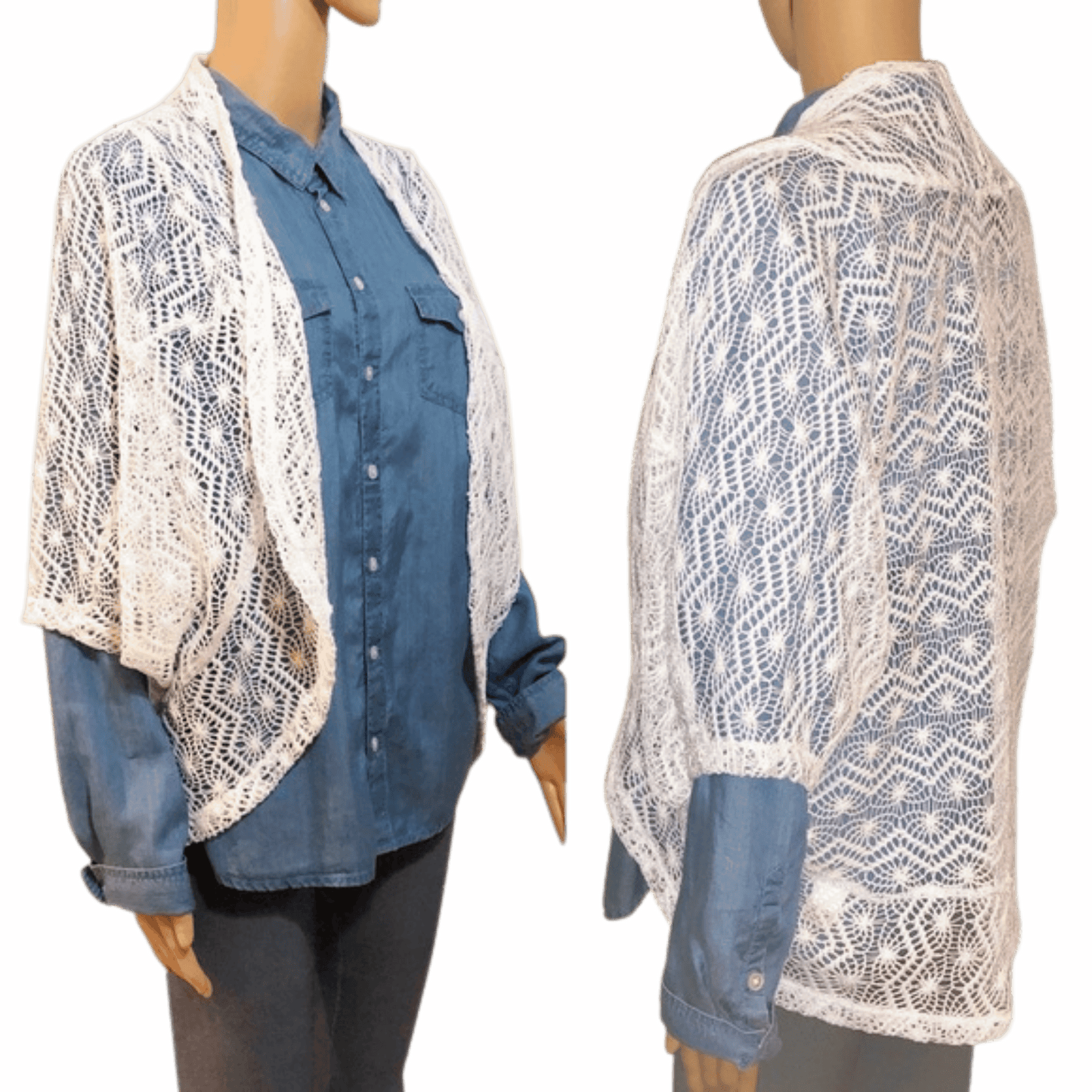 Mannequin wearing a blue shirt with a white lace shawl on a pink background