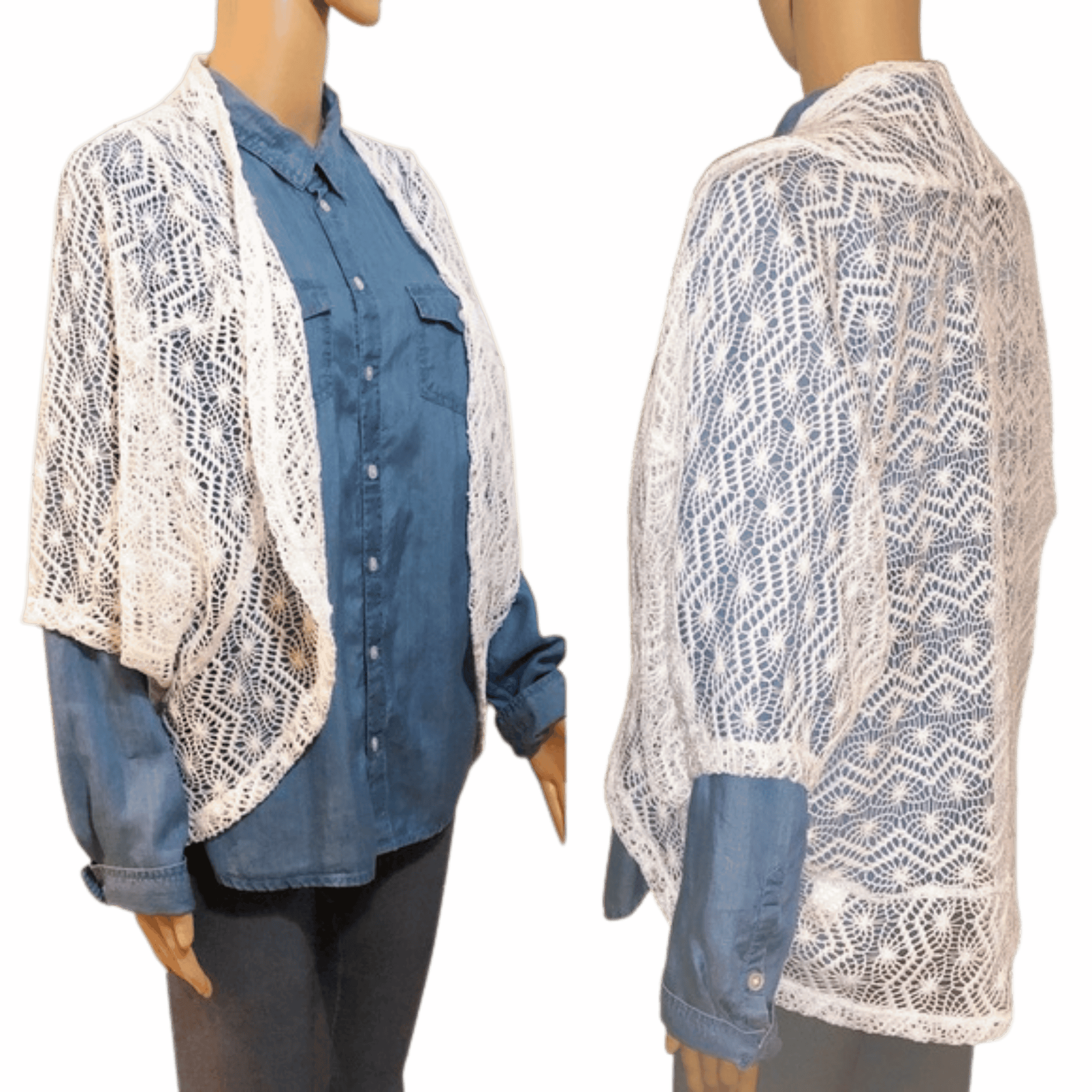 Mannequin wearing a blue shirt with a white lace shawl on a pink background