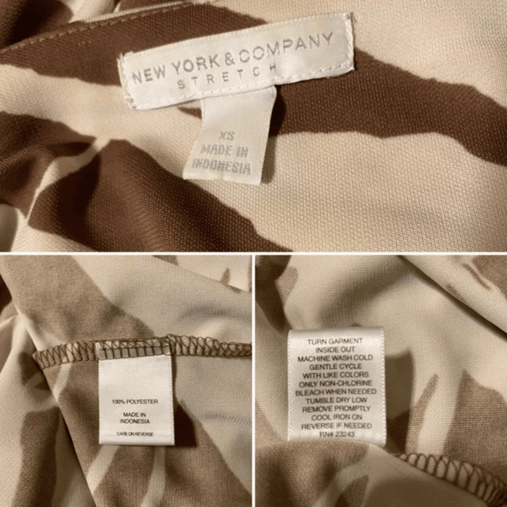 Collage of fabric texture and New York & Company label on a garment.