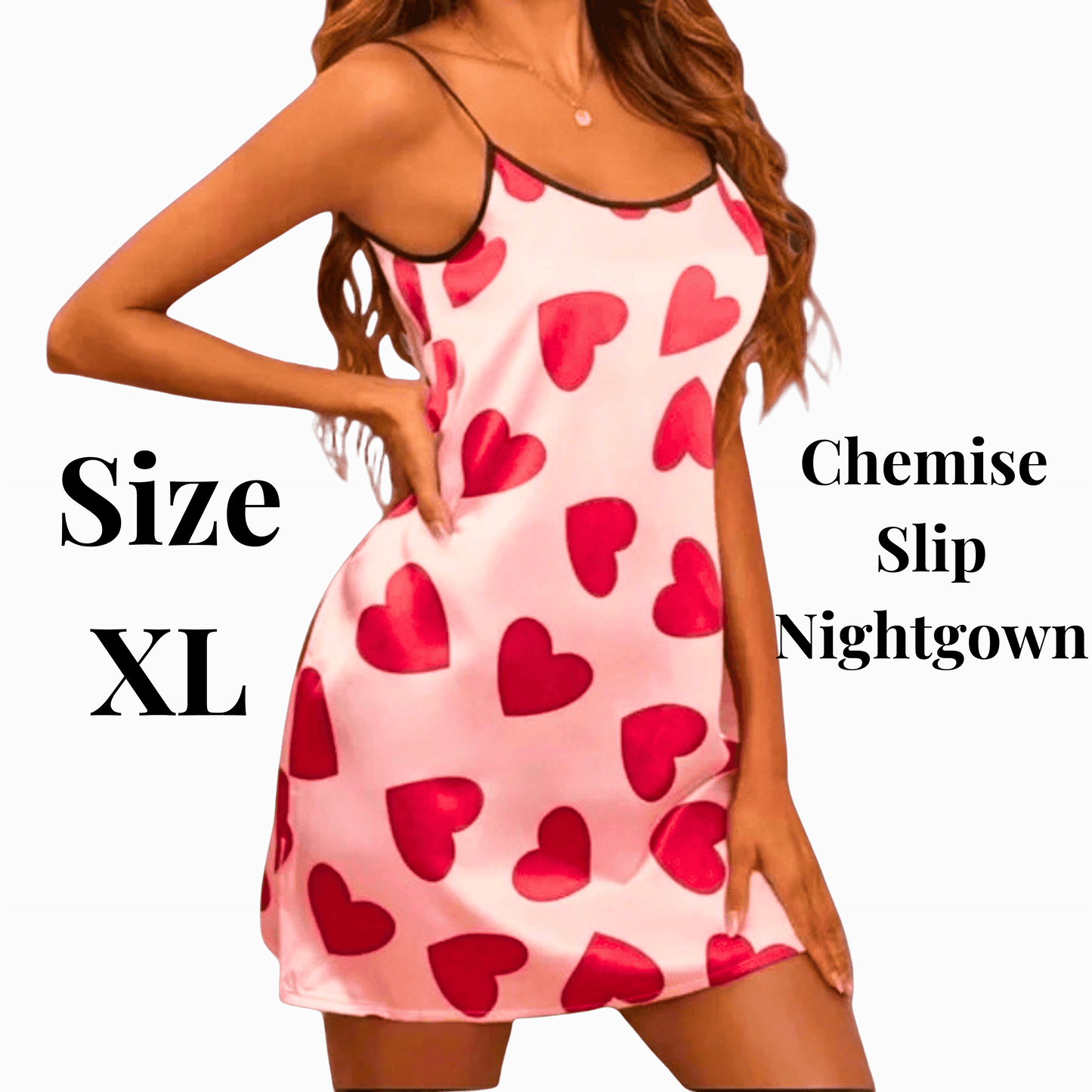 Pink nightgown with red hearts on a model against a brown background