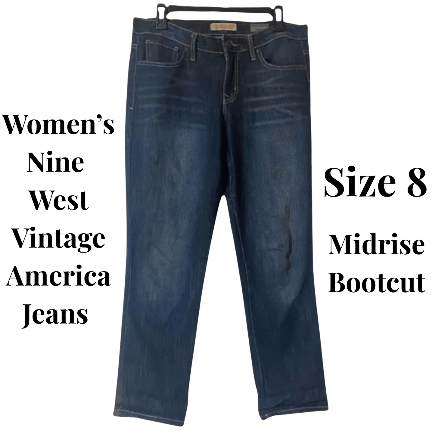 Blue jeans on a hanger with text indicating brand, style, and size.