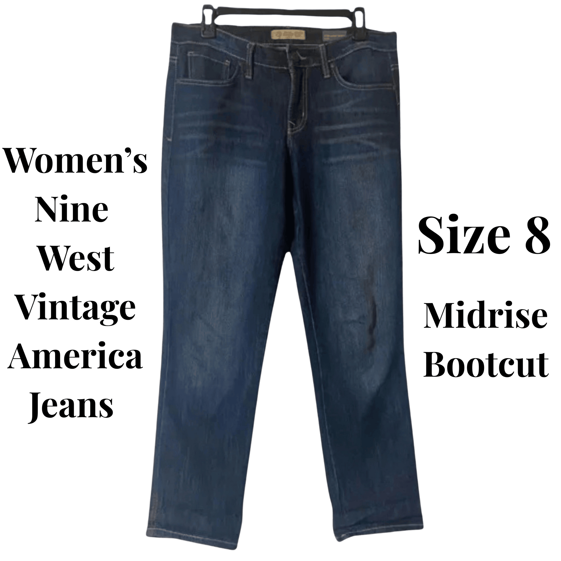 Blue jeans on a hanger with text indicating brand, style, and size.