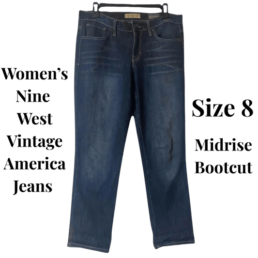 Blue jeans on a hanger with text indicating brand, style, and size.