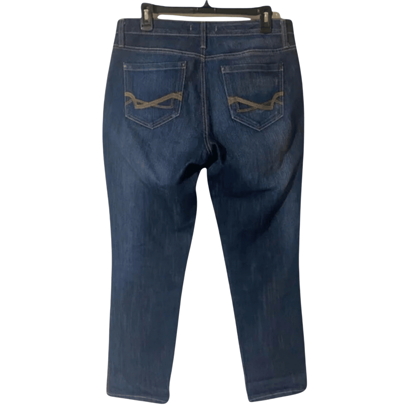 Back view of a pair of blue jeans on a hanger with a transparent background