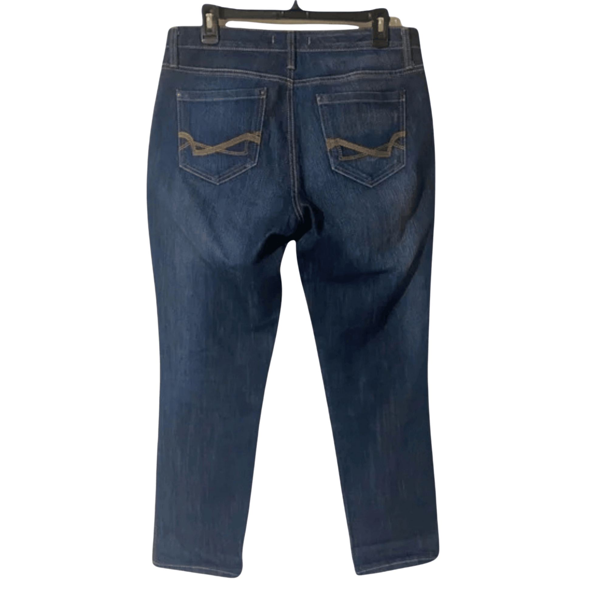 Back view of a pair of blue jeans on a hanger with a transparent background