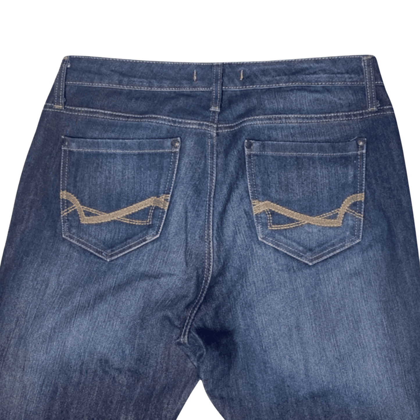 Back view of blue jeans with decorative stitching on a transparent background