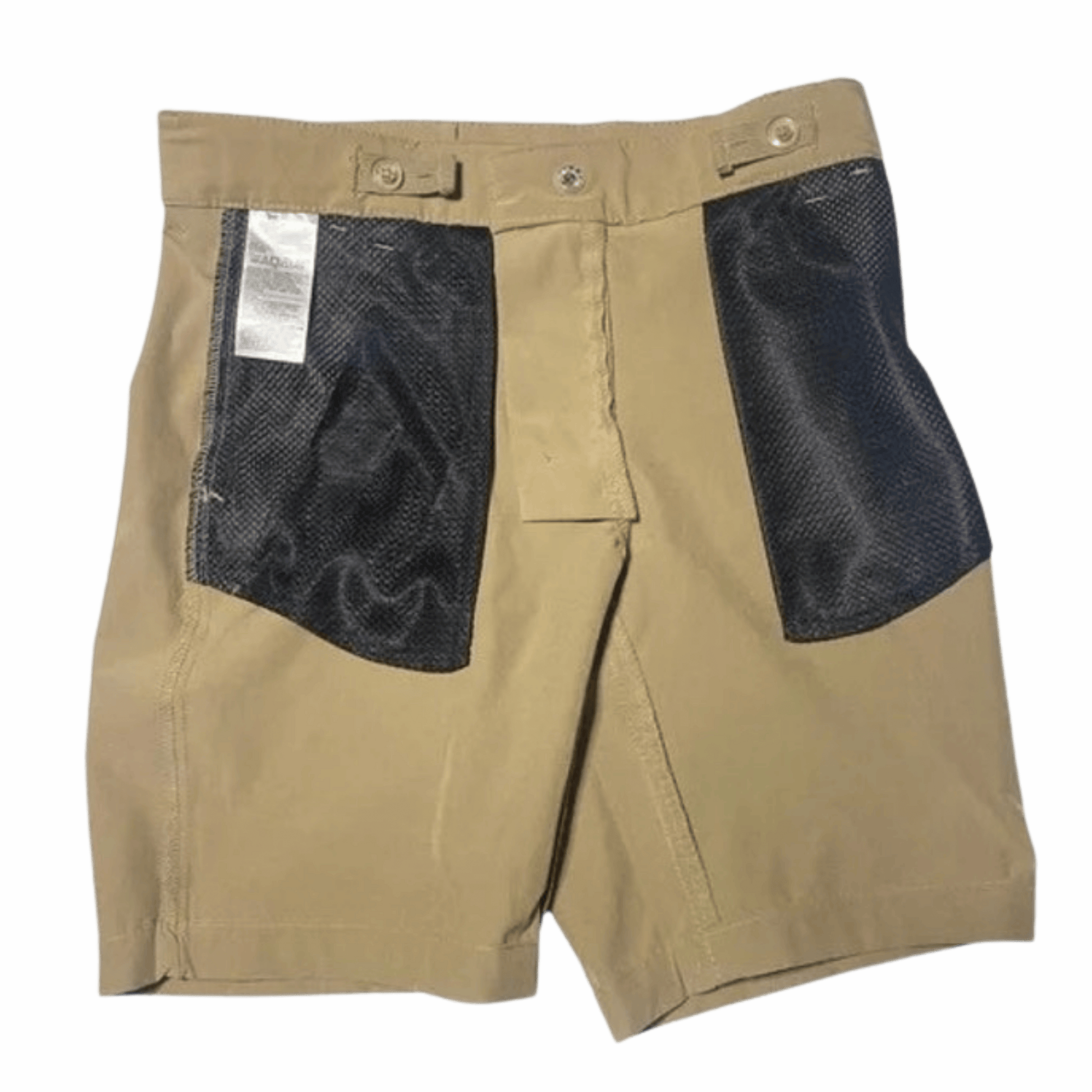 Beige shorts with black mesh panels on a gray background