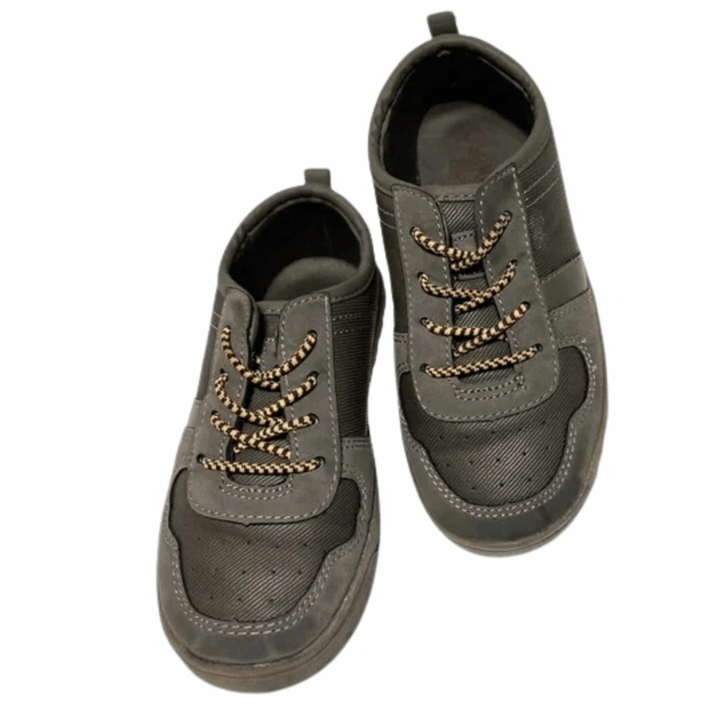 Pair of gray sneakers with gold laces on a transparent background