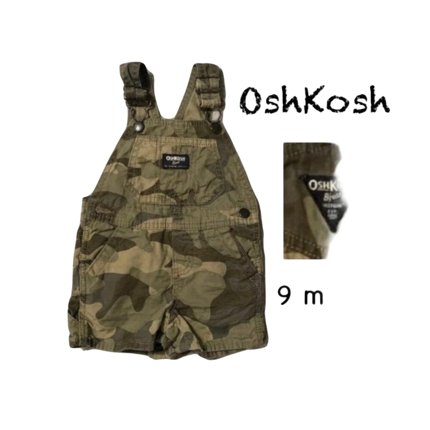 Camouflage overalls with OshKosh branding on a white background