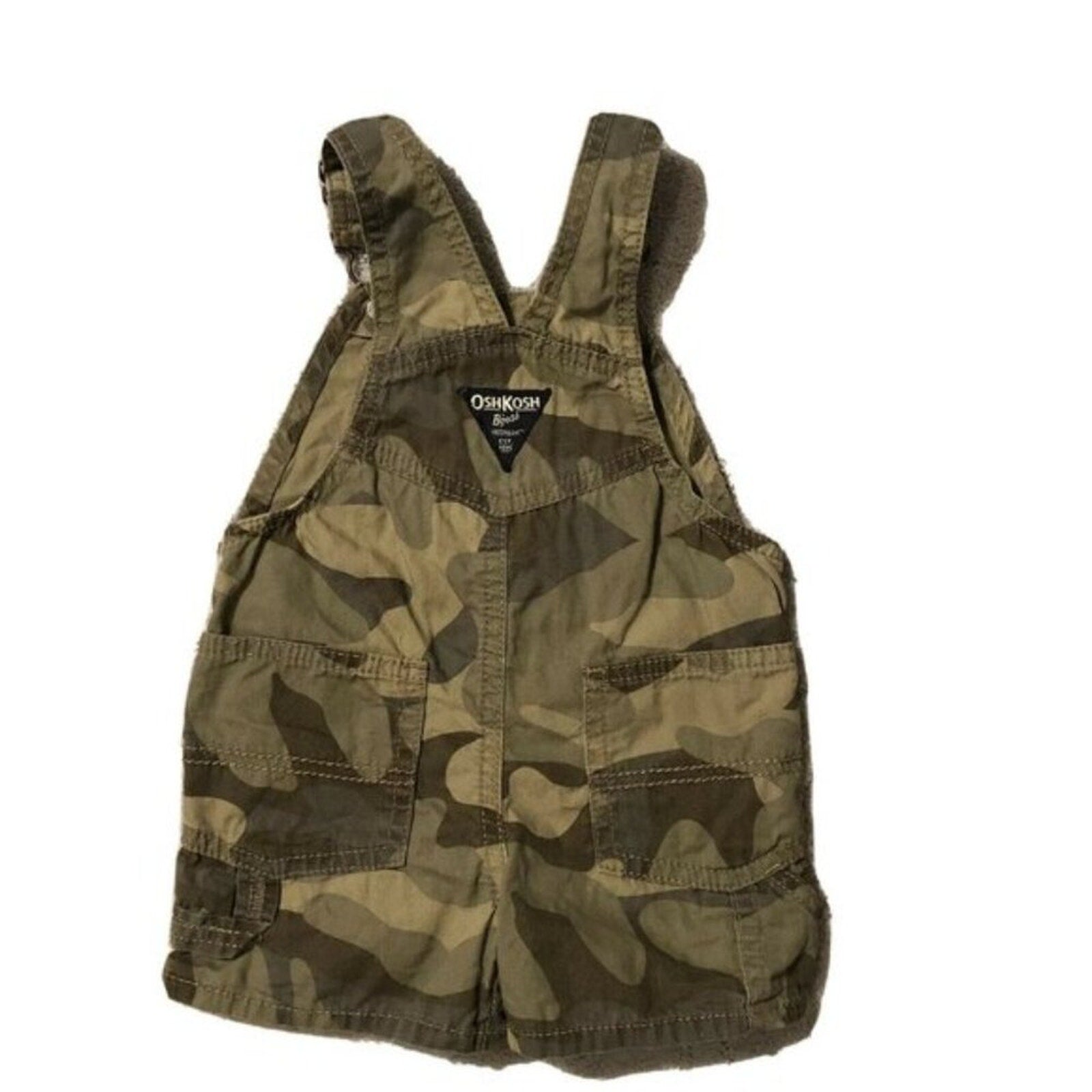 Camouflage overalls with a visible brand logo on a white background