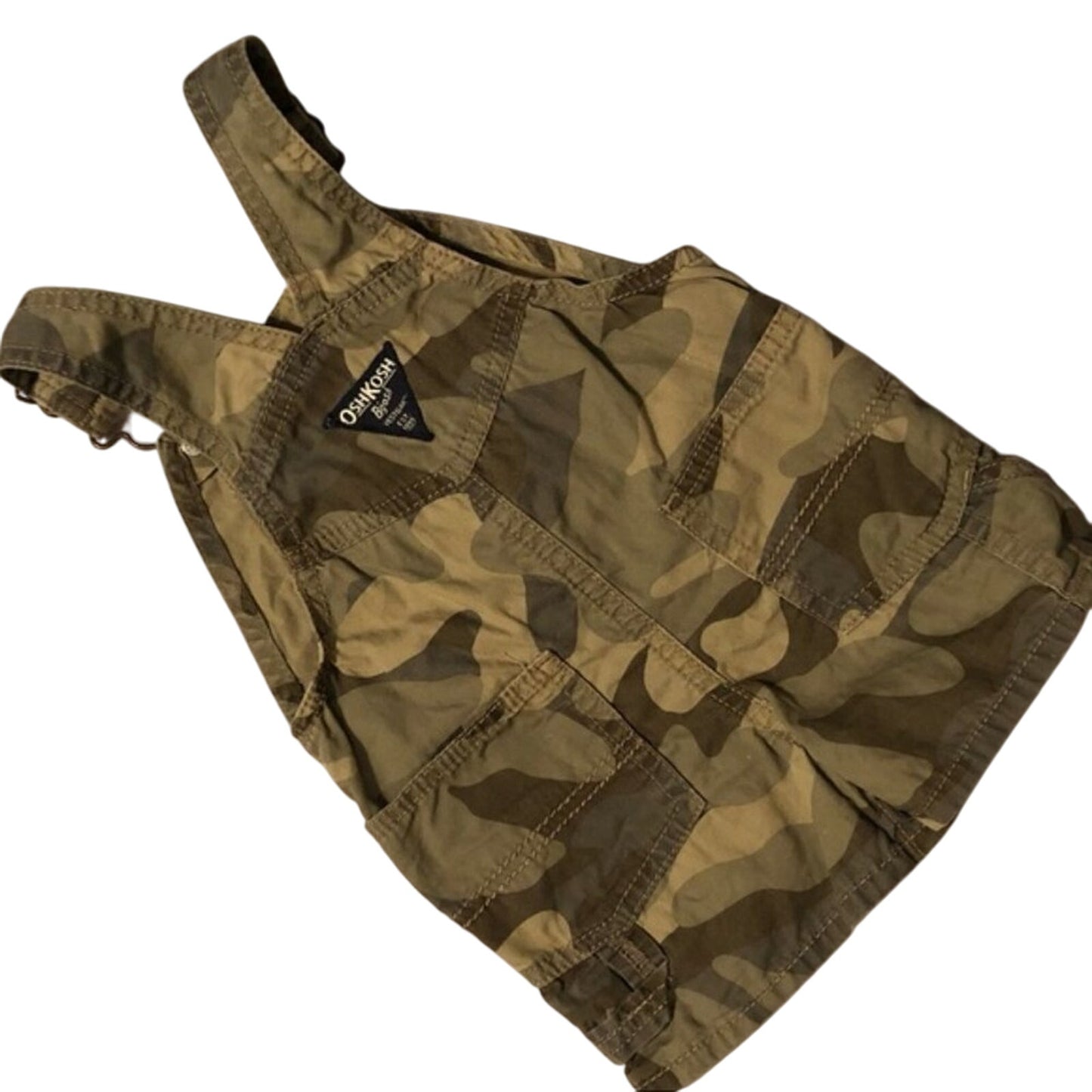 Camouflage-patterned bag with a brand logo on a white background