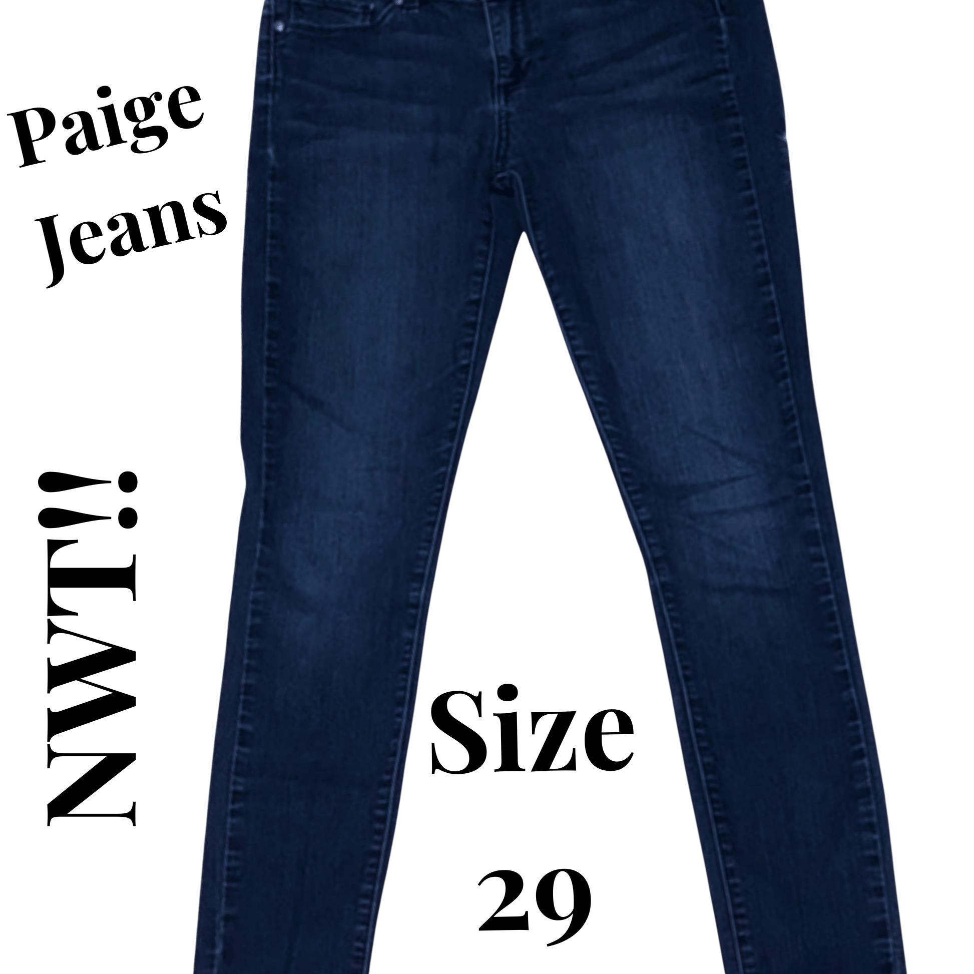Blue jeans with text indicating 'Paige Jeans', 'NWT!', and 'Size 29' on a green background.