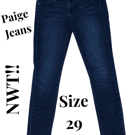 Blue jeans with text indicating 'Paige Jeans', 'NWT!', and 'Size 29' on a green background.