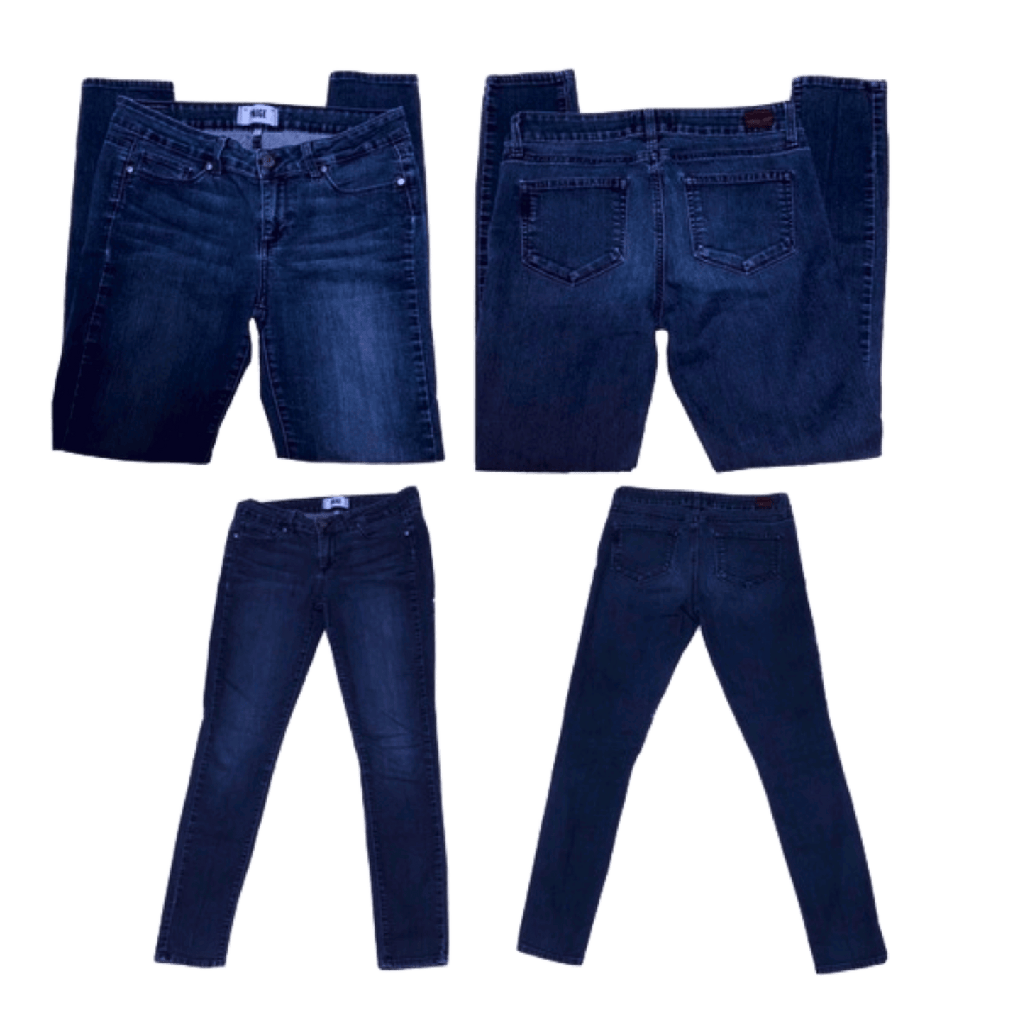 Four views of a pair of blue jeans on a transparent background