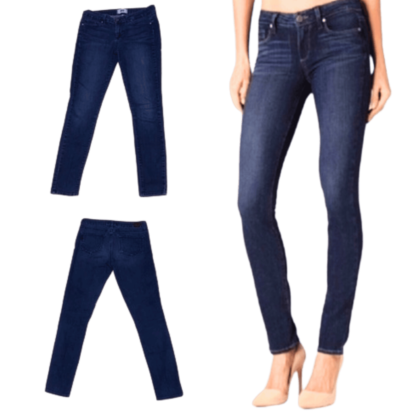Dark blue jeans displayed in three views: front, side, and worn by a person.