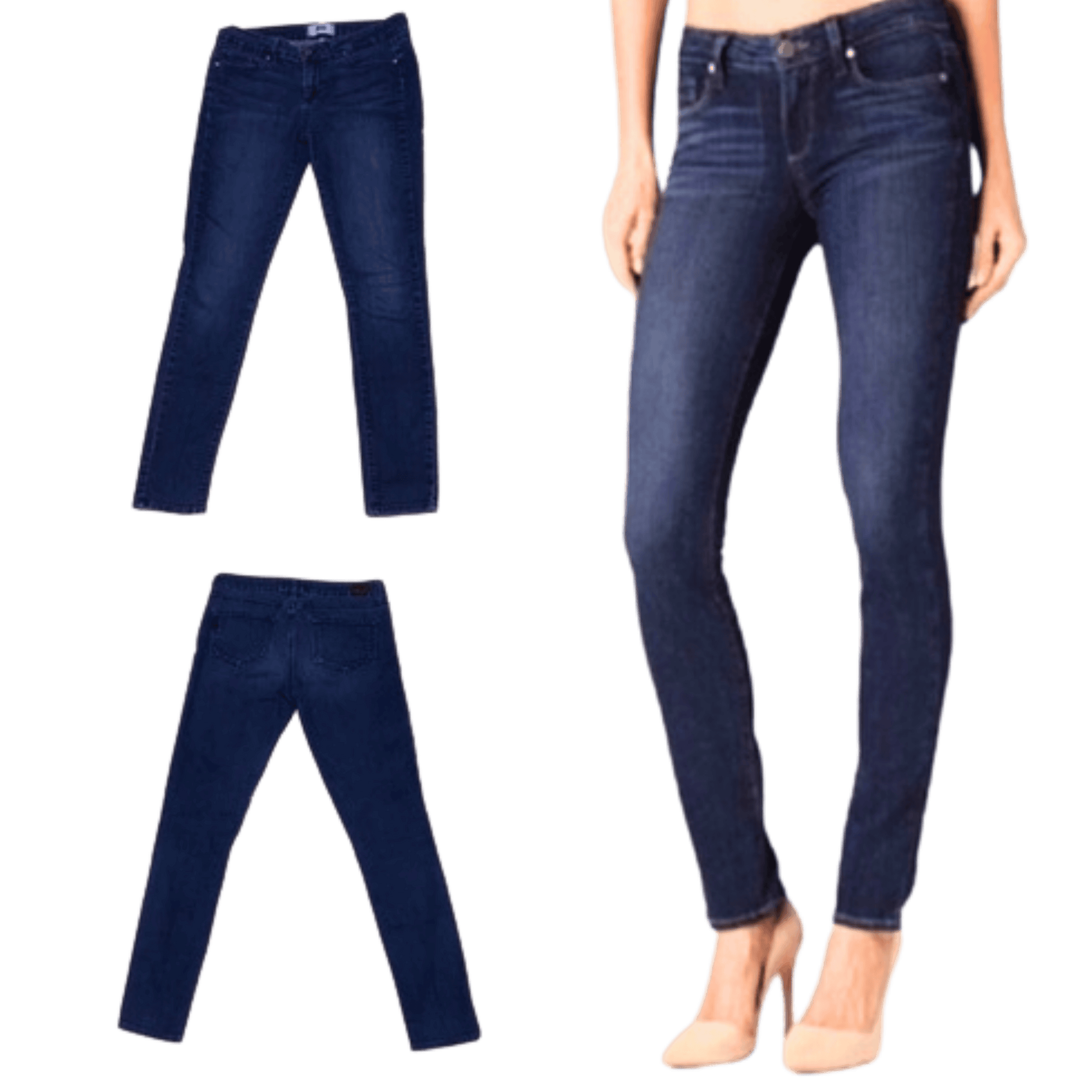 Dark blue jeans displayed in three views: front, side, and worn by a person.