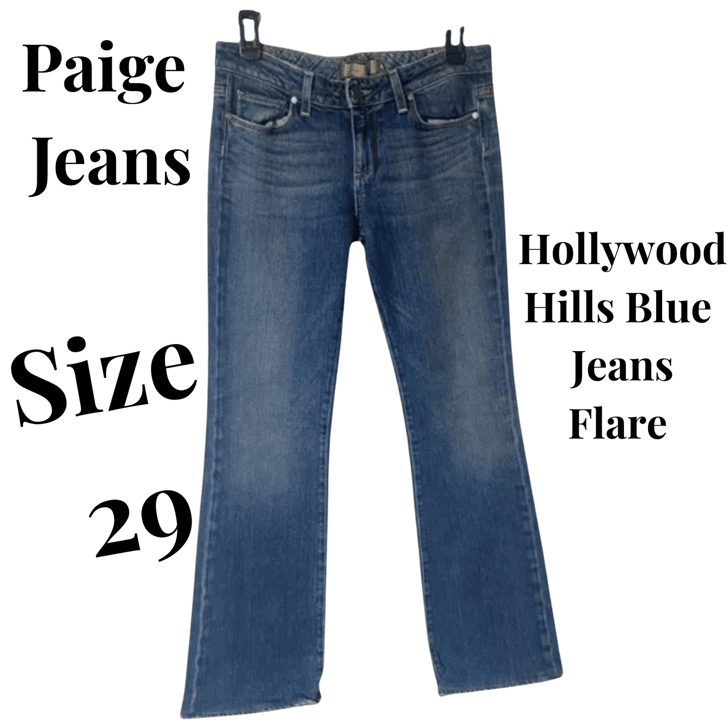 Flare jeans with text indicating brand, size, and color on a green background