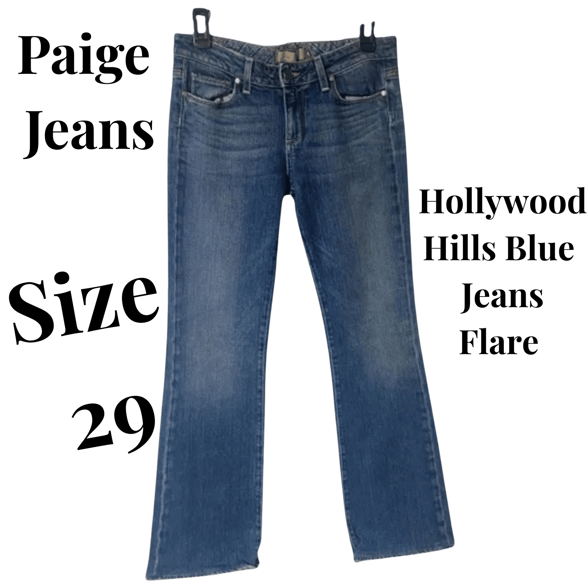Flare jeans with text indicating brand, size, and color on a green background
