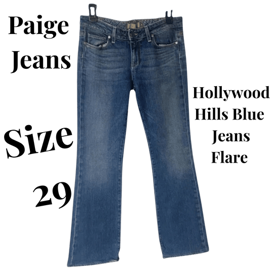 Flare jeans with text indicating brand, size, and color on a green background
