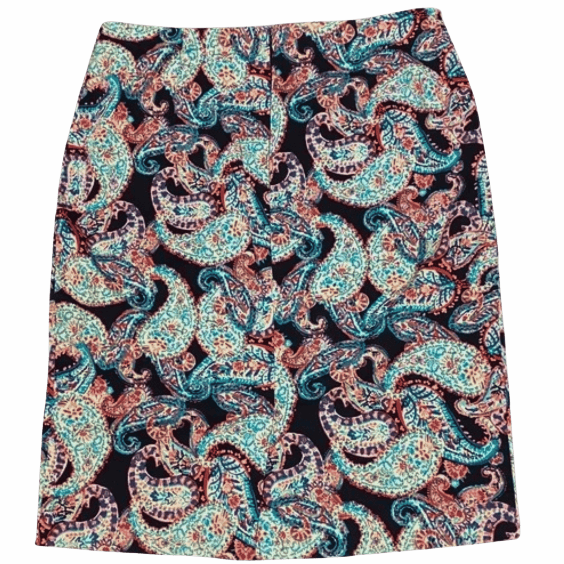 Skirt with a colorful paisley pattern on a gray background
