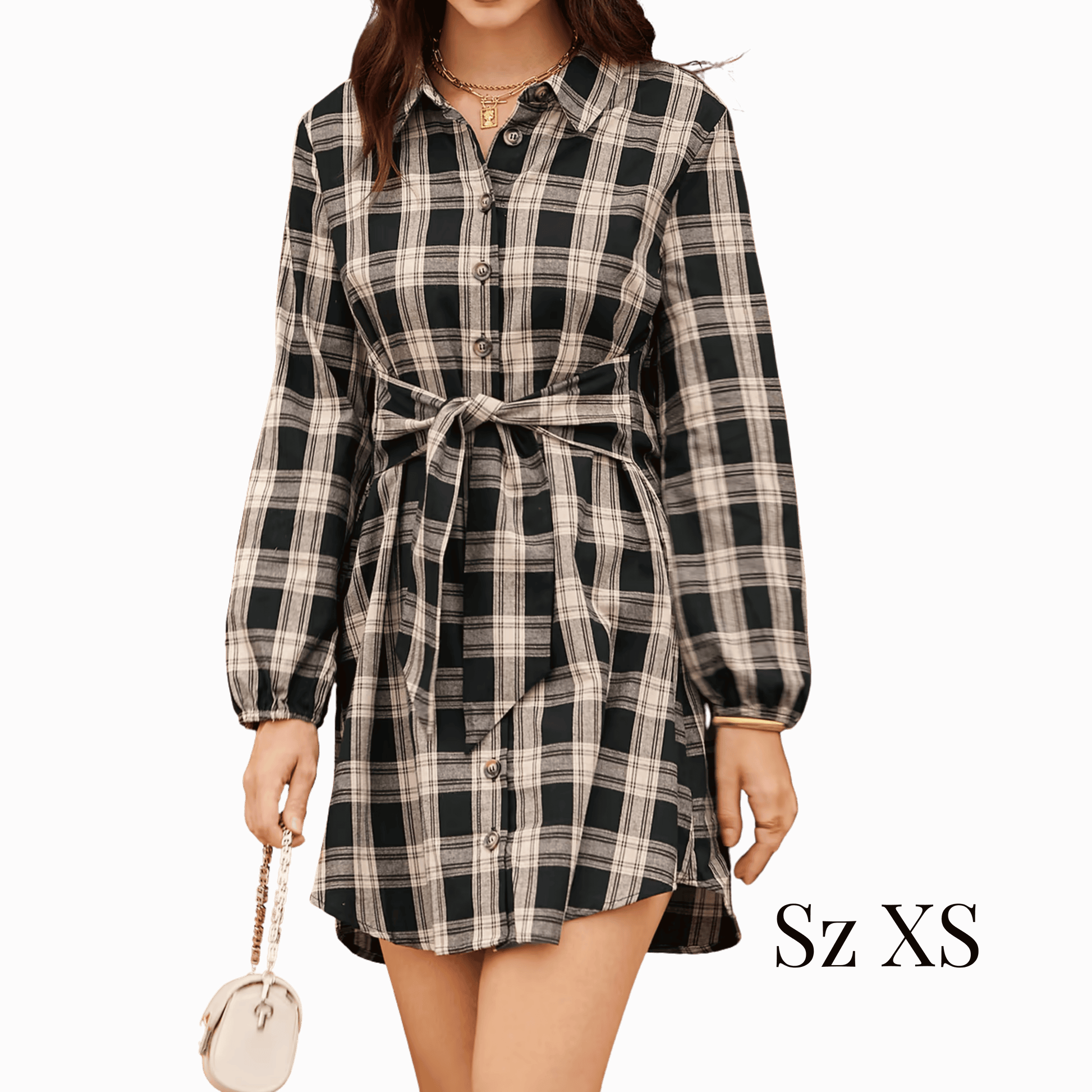 plaid, long sleeved, belted, mini shirt dress