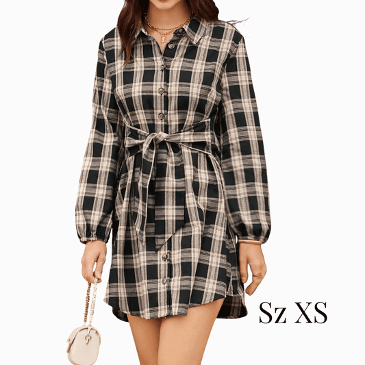 plaid, long sleeved, belted, mini shirt dress