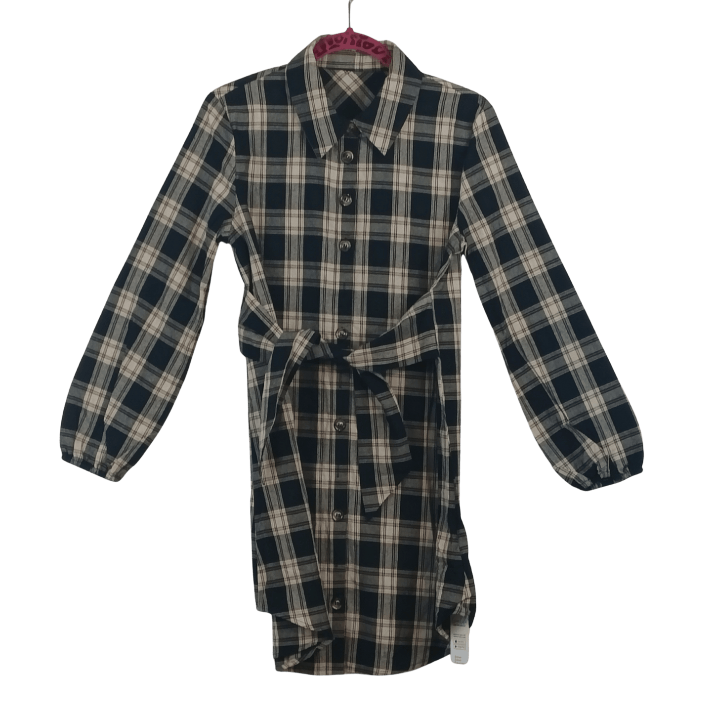 plaid, long sleeved, belted, mini shirt dress