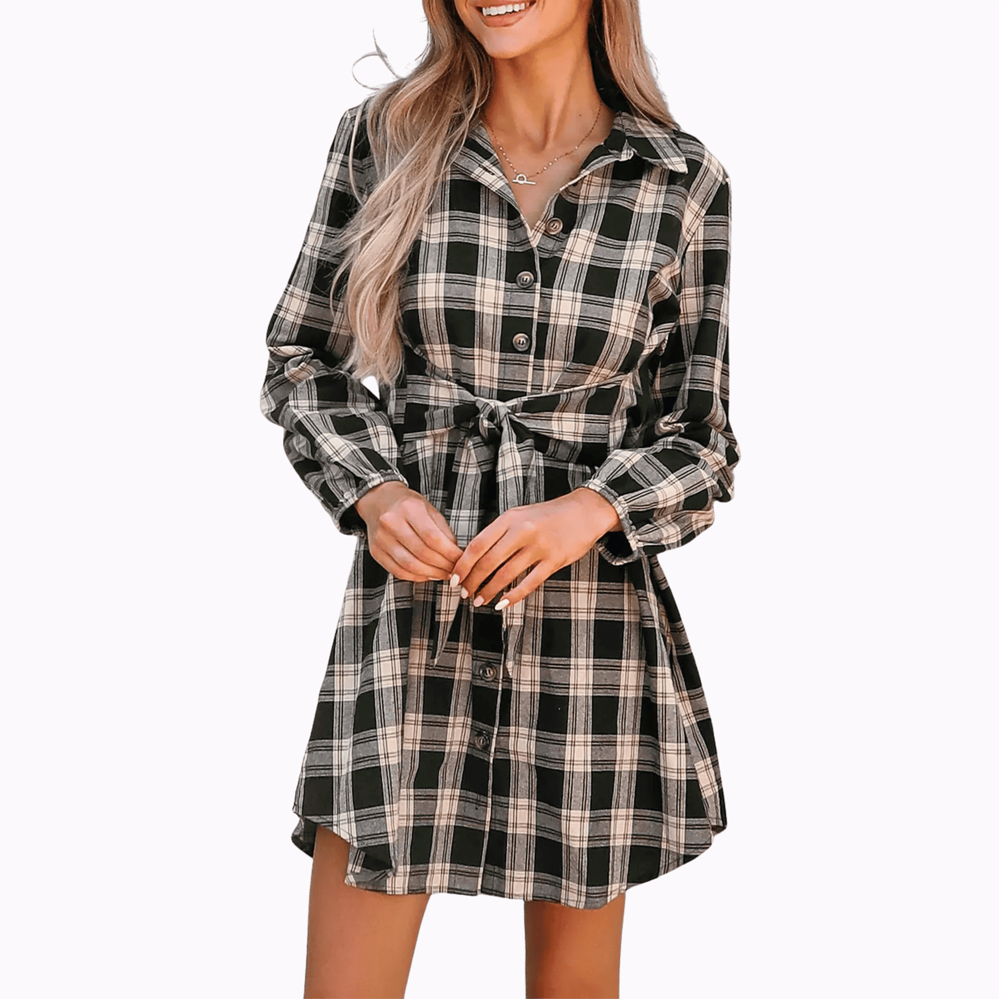plaid, long sleeved, belted, mini shirt dress