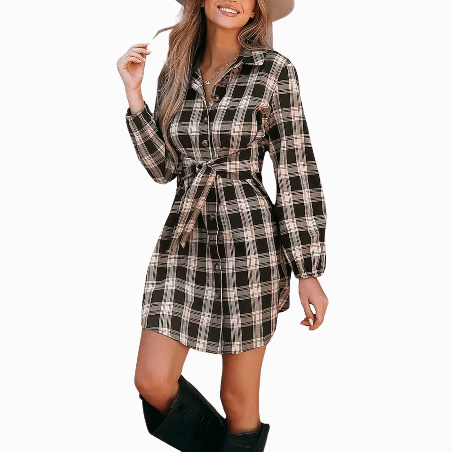 plaid, long sleeved, belted, mini shirt dress