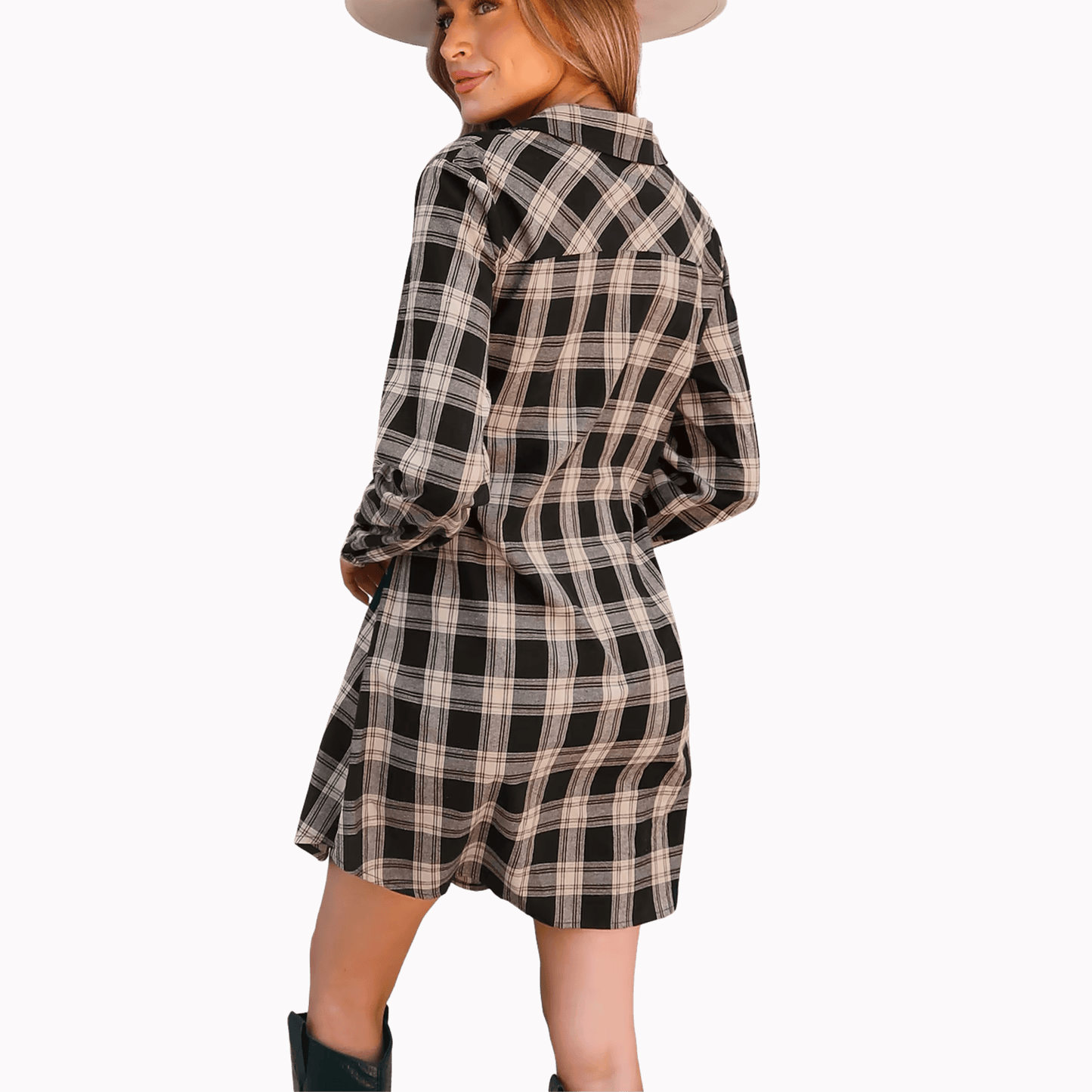 plaid, long sleeved, belted, mini shirt dress