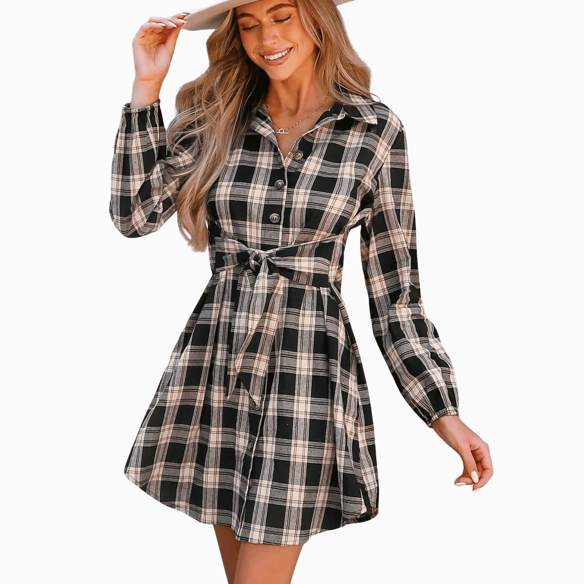 plaid, long sleeved, belted, mini shirt dress