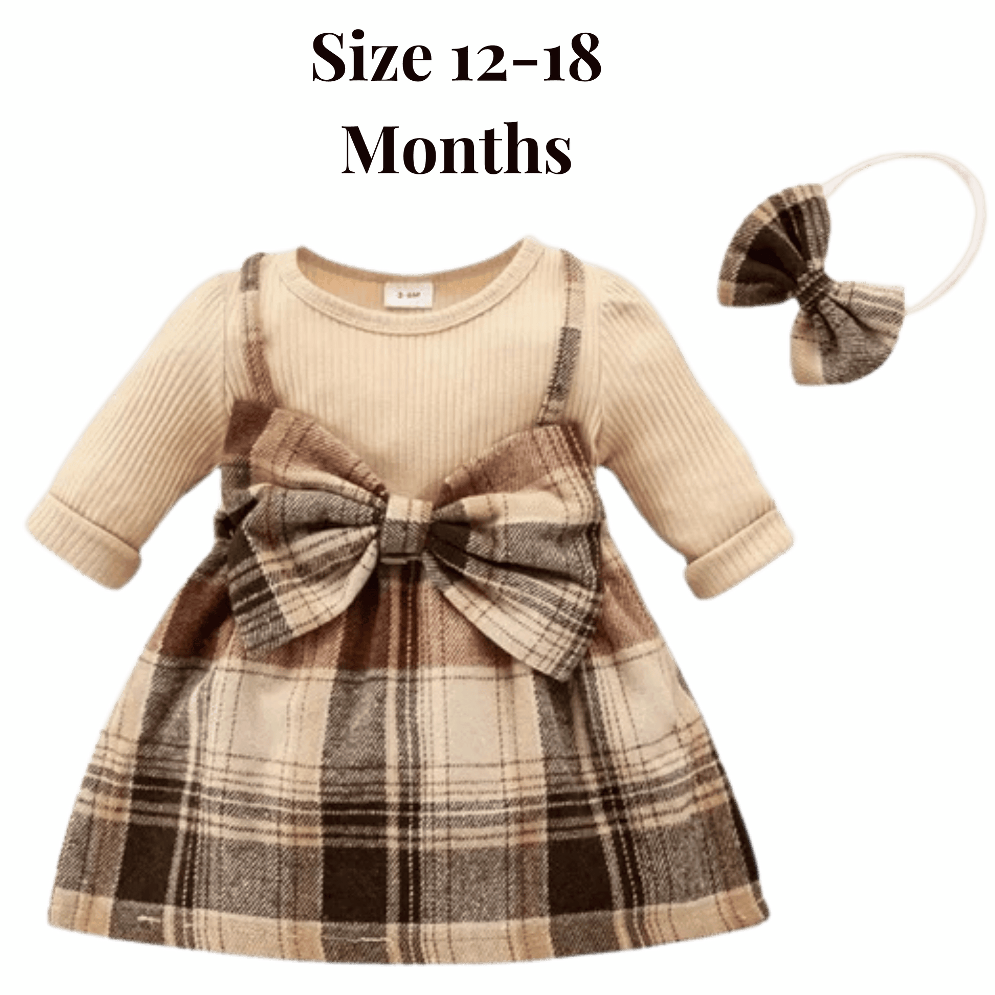 Children's dress with plaid pattern and bow, size 12-18 months, on a green background.