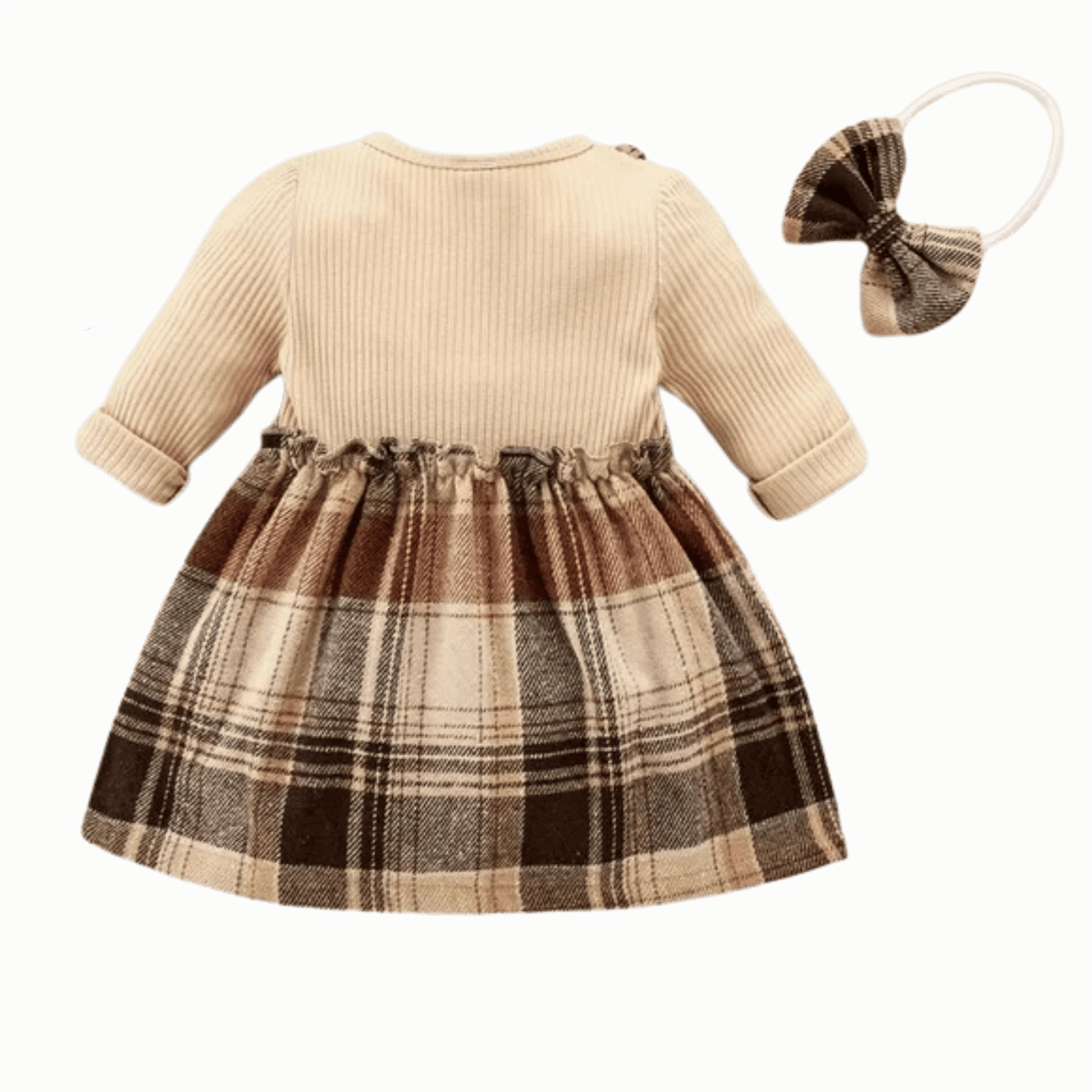 Beige and plaid dress with a matching headband on a green background