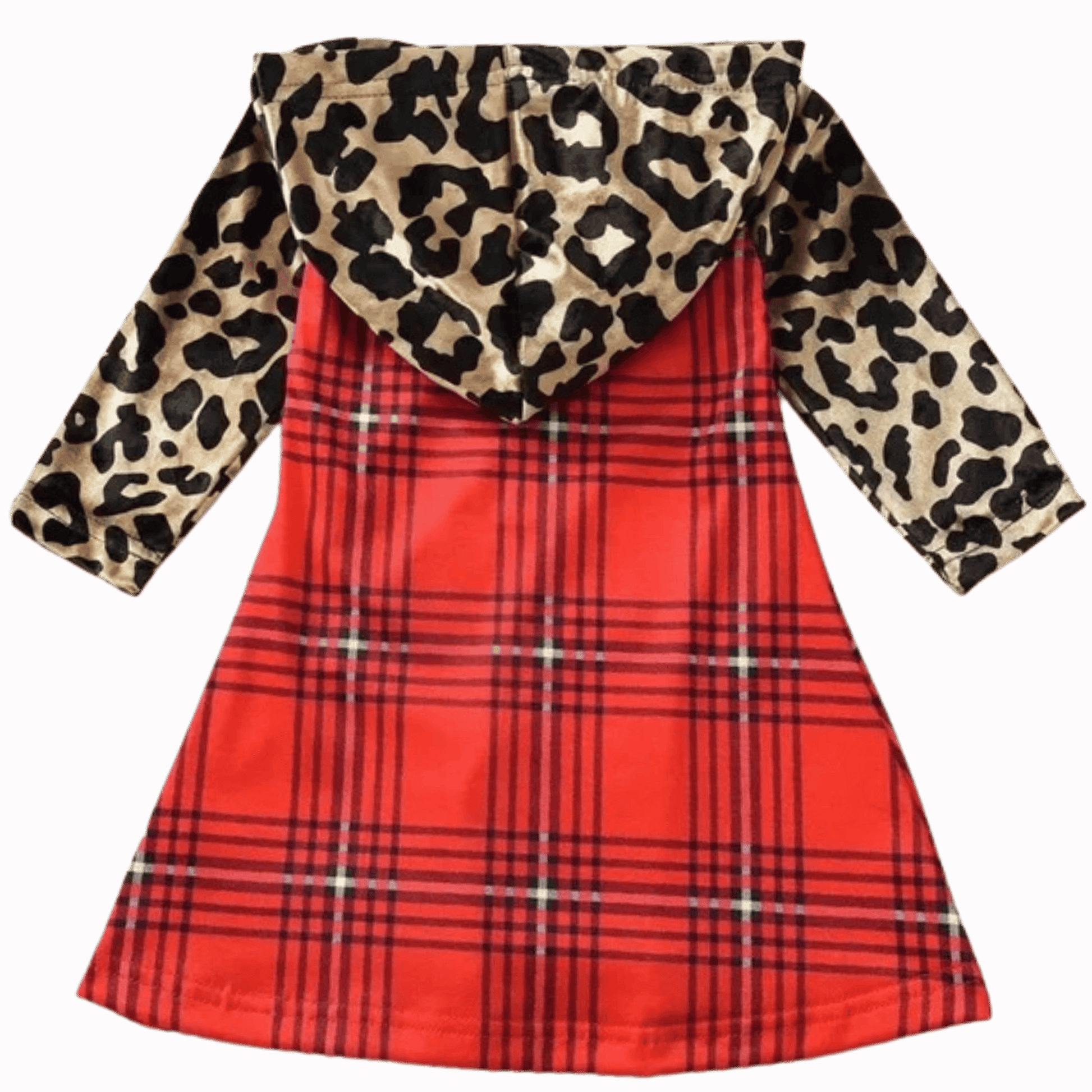 Red plaid dress with leopard print sleeves on a red background