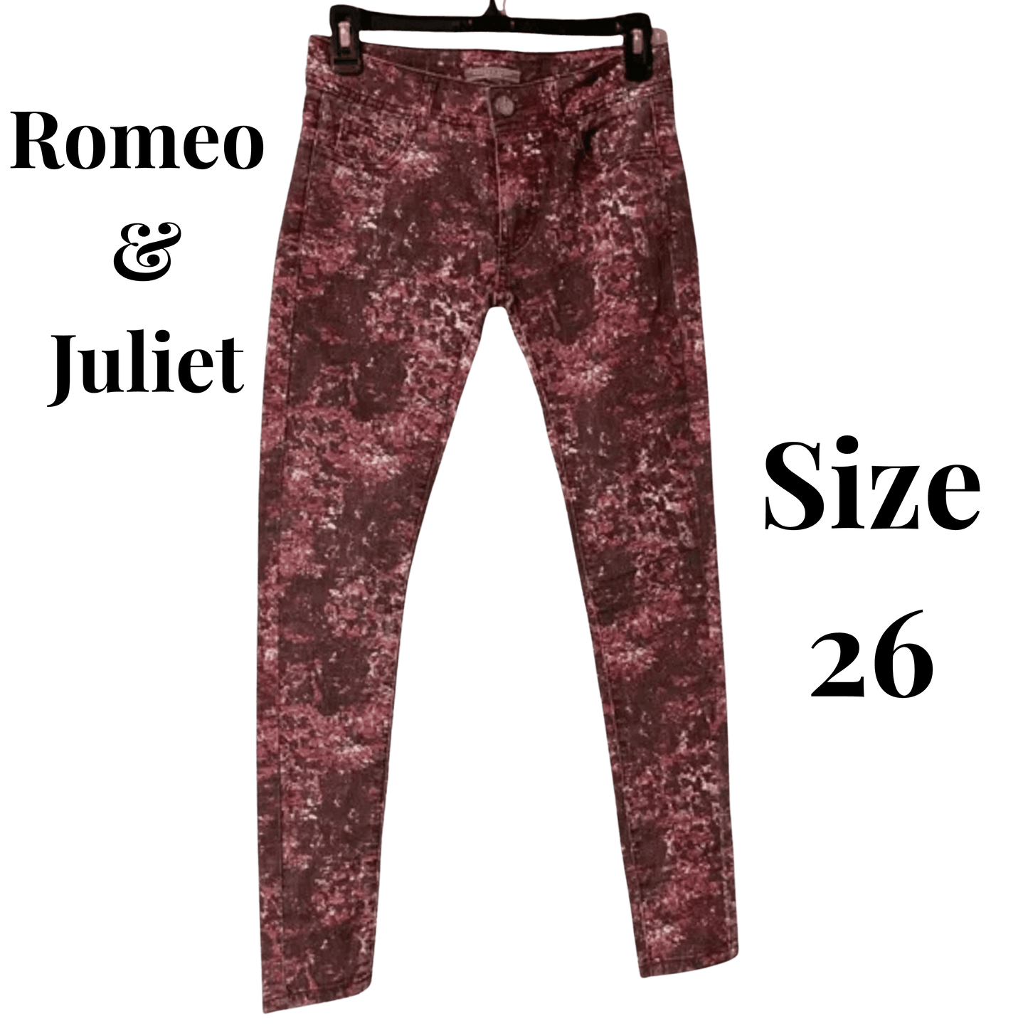 Maroon distressed jeans on a hanger with 'Romeo & Juliet' branding and size '26' text.