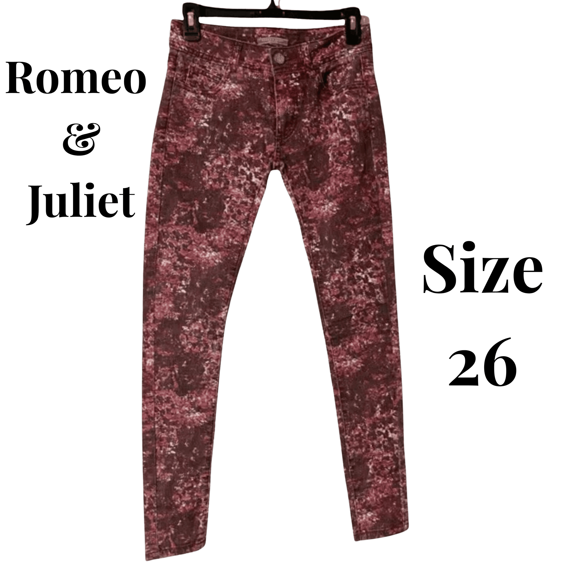 Maroon distressed jeans on a hanger with 'Romeo & Juliet' branding and size '26' text.