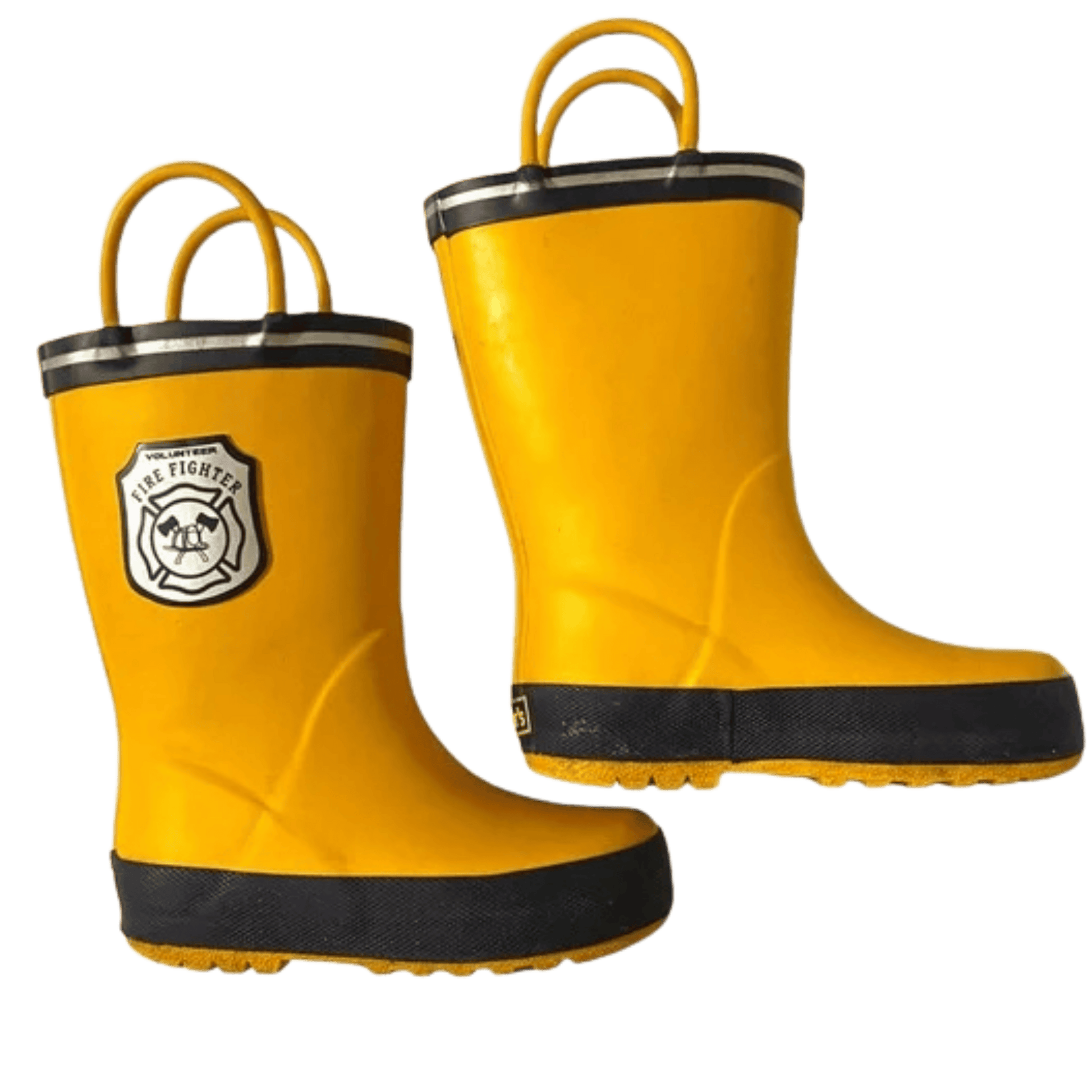 Yellow rain boots with black soles and a firefighter logo on a transparent background