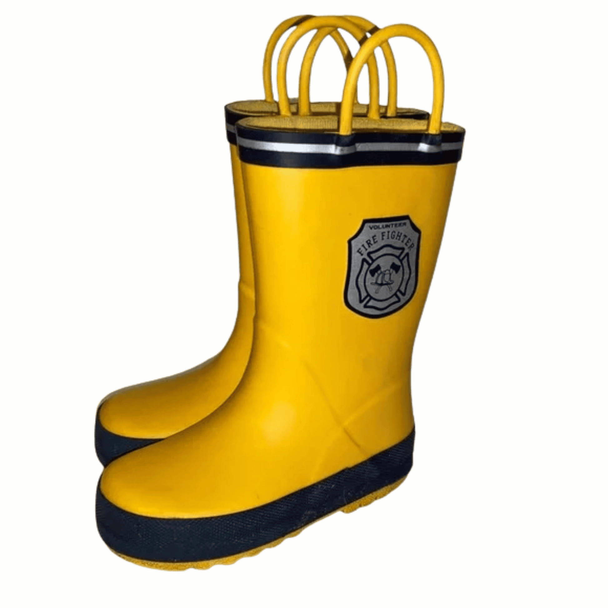 Yellow rain boots with a black logo on a green background